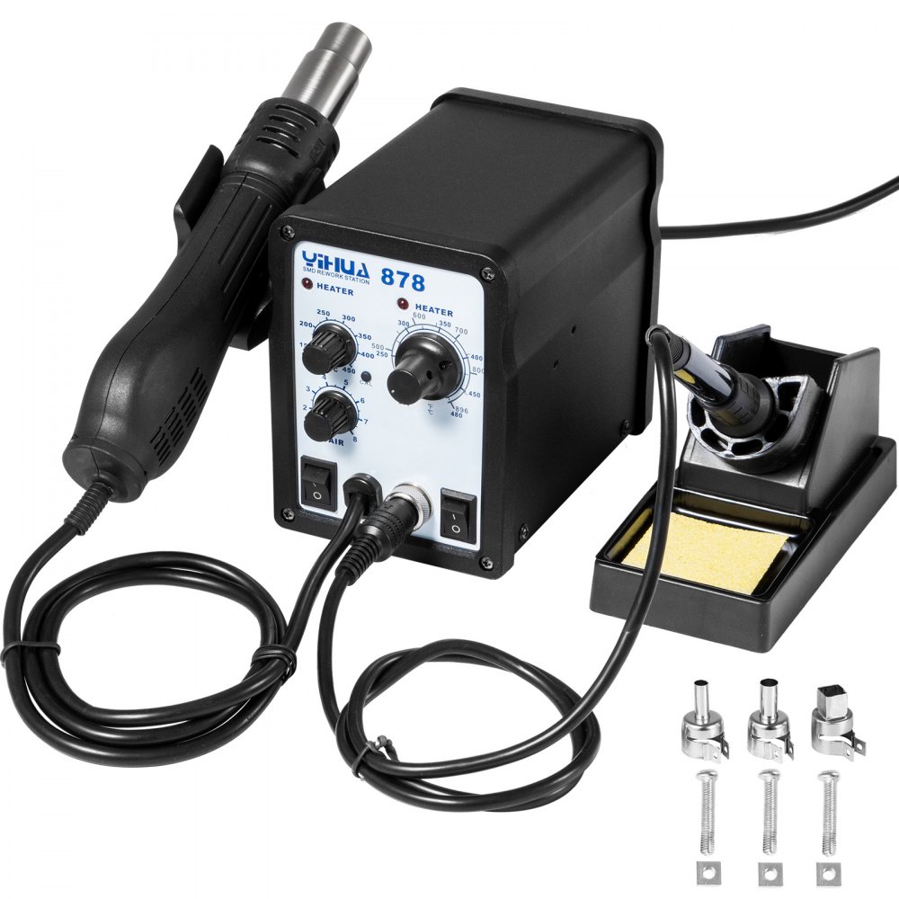 2 in 1 Soldering Station Unit Welder Iron Hot Air Gun with 5 Tips and 3  Nozzles Kit 110V 