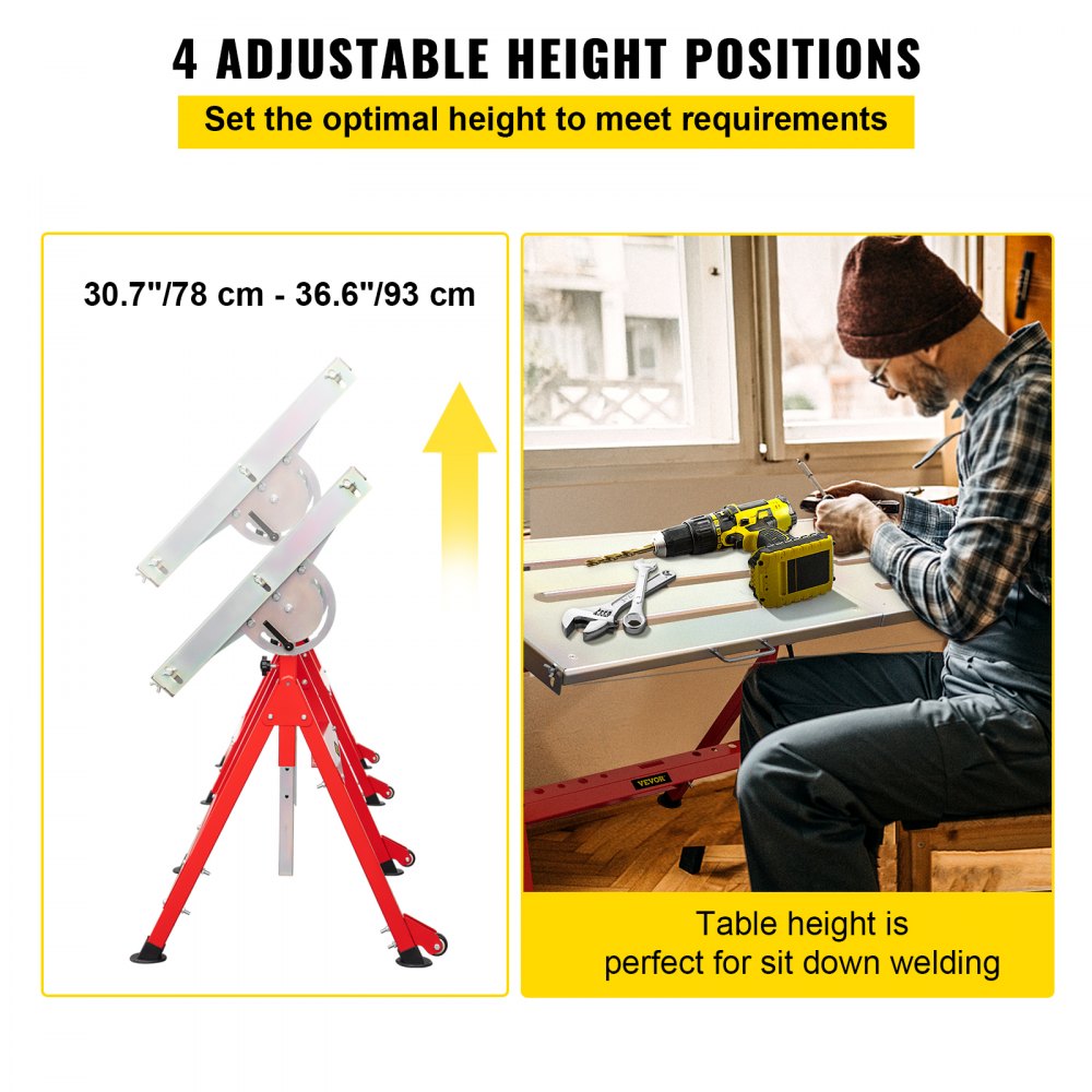 VEVOR Welding Table 90\'\' x 20\'\' Steel Welding Table Nine 1.1 in. / 28mm Slots Welding Bench Table Adjustable Angle & Height Portable Table, Casters, Retractable Guide Rails, Eccentric Leveling Foo
