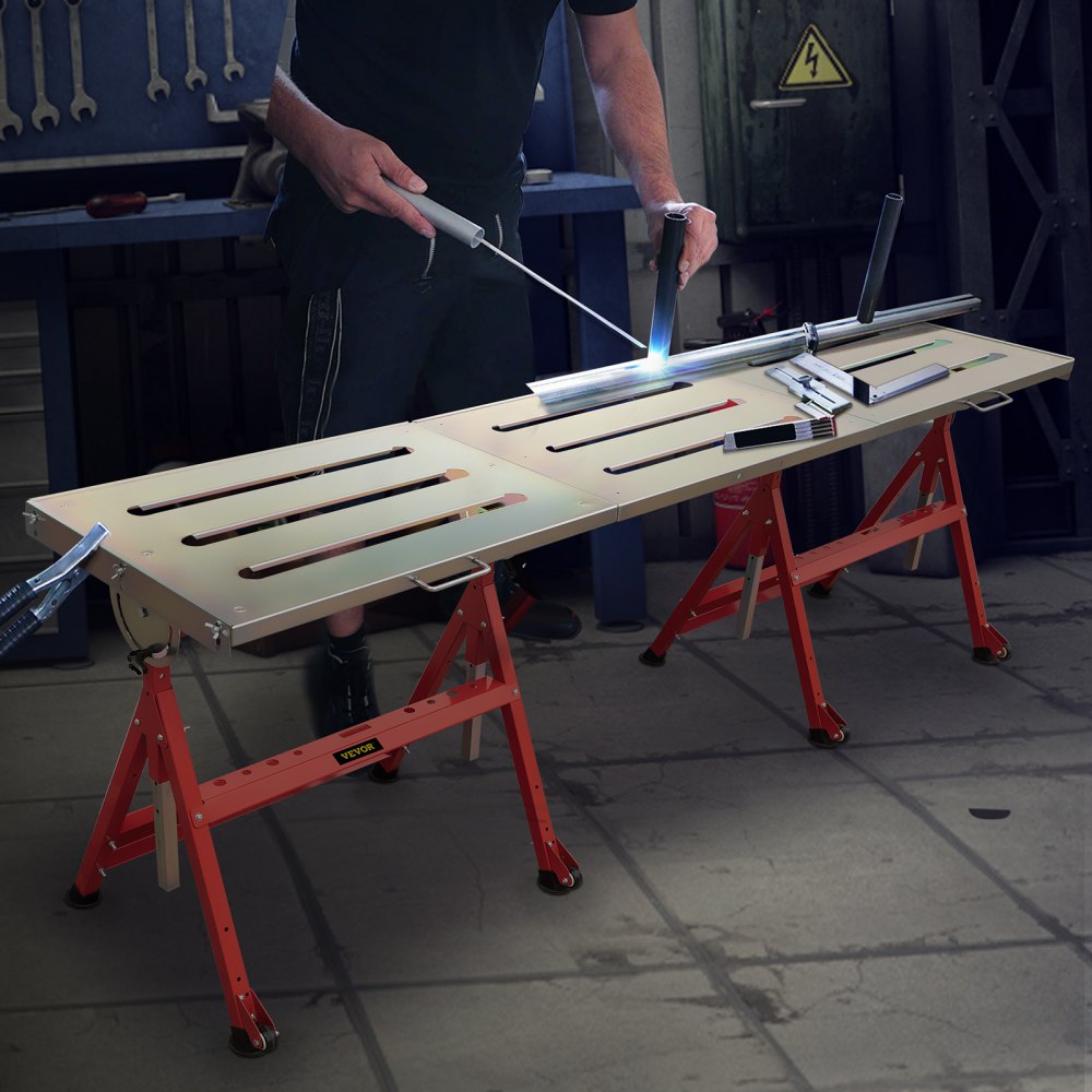 VEVOR Welding Table 90\'\' x 20\'\' Steel Welding Table Nine 1.1 in. / 28mm Slots Welding Bench Table Adjustable Angle & Height Portable Table, Casters, Retractable Guide Rails, Eccentric Leveling Foo