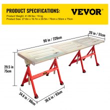 VEVOR Welding Table 90'' x 20'' Steel Welding Table Nine 1.1 in. / 28mm Slots Welding Bench Table Adjustable Angle & Height Portable Table, Casters, Retractable Guide Rails, Eccentric Leveling Foot