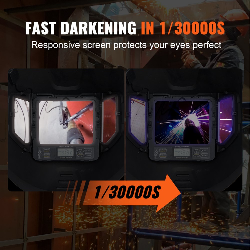 VEVOR Large Viewing 4.25" x 3.23" Auto Darkening Welding Helmet with Side View, True Color Solar Powered Welding Hood, 4 Arc Sensor Wide Shade 4-8/9-13 for TIG MIG Arc Weld Grinding with Go Pro Stand