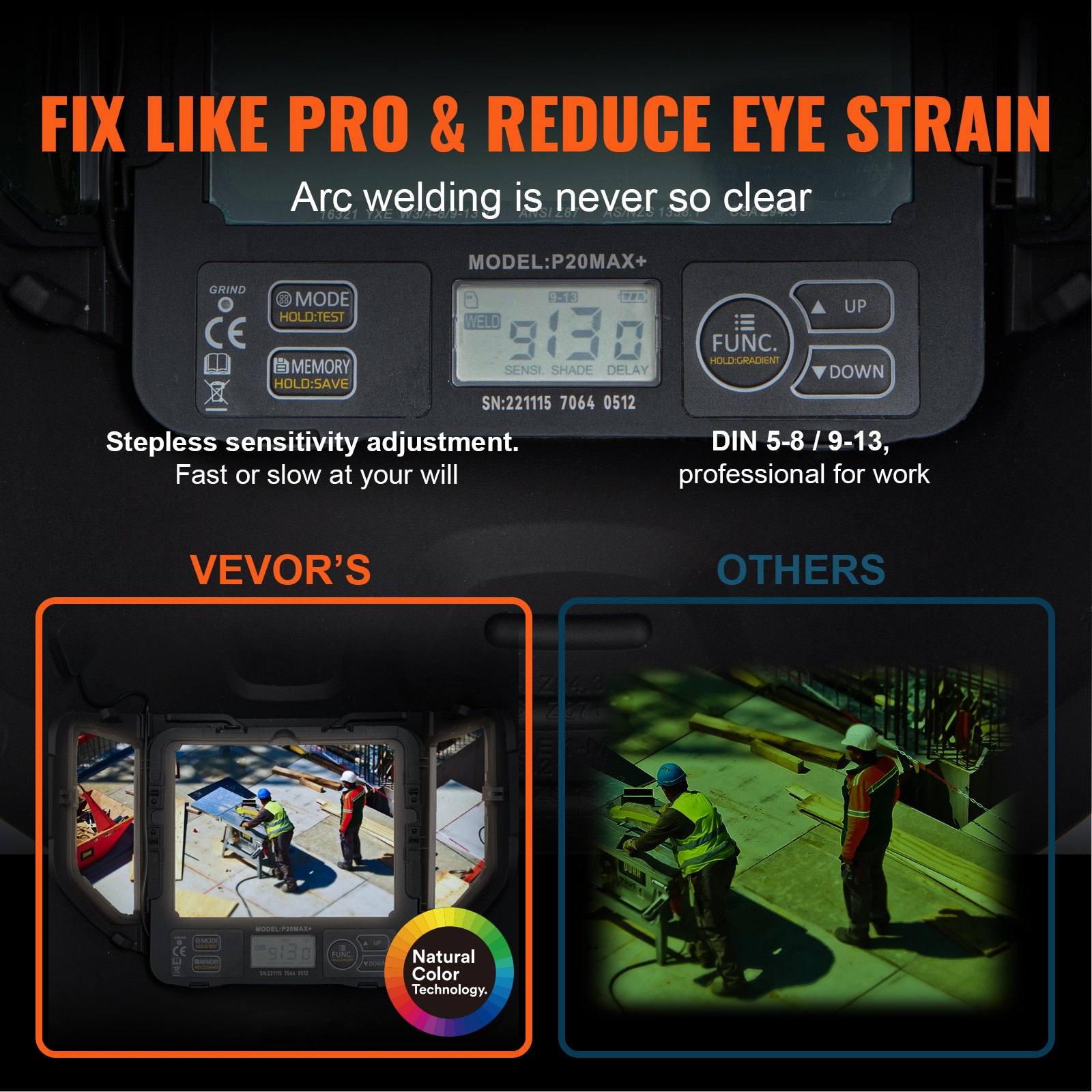 VEVOR Large Viewing 4.25" x 3.23" Auto Darkening Welding Helmet with Side View, True Color Solar Powered Welding Hood, 4 Arc Sensor Wide Shade 4-8/9-13 for TIG MIG Arc Weld Grinding with Go Pro Stand