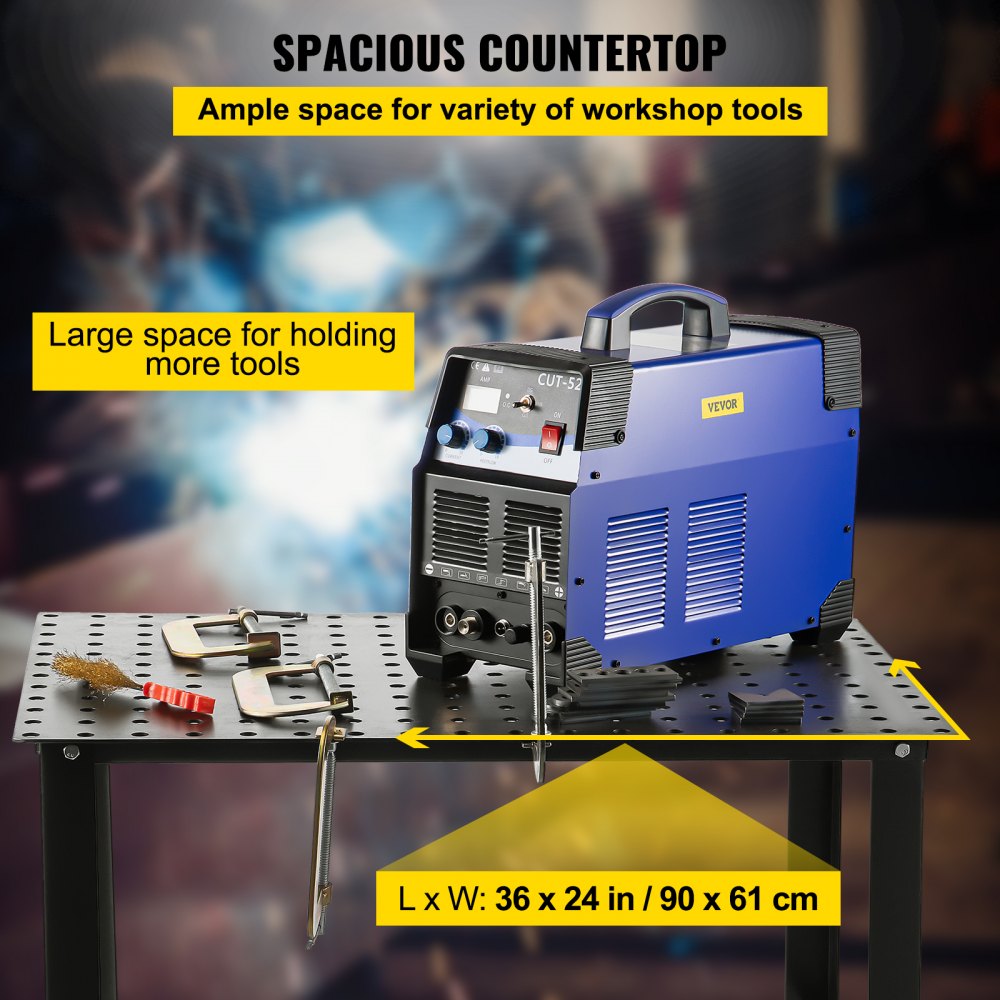 VEVOR welding table with ample space for tools, featuring a cut-52 machine, 36x24 in.