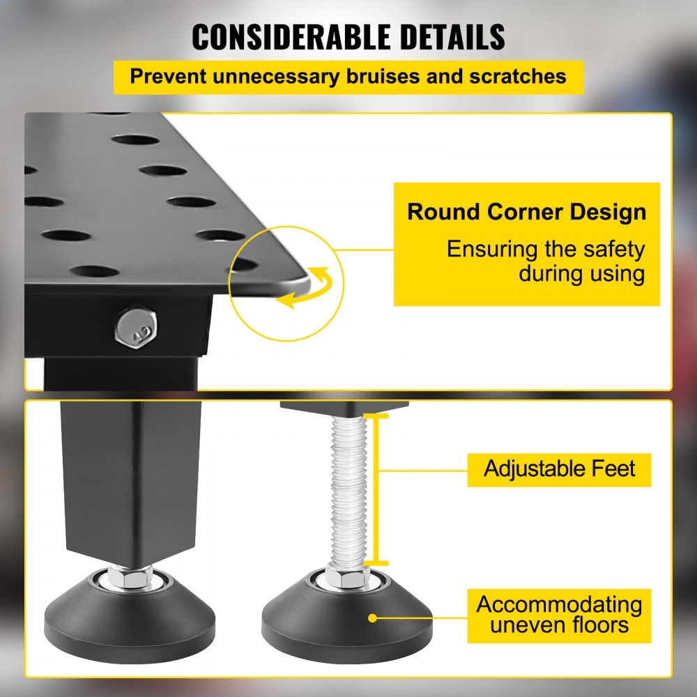 VEVOR welding table with round corner design and adjustable feet for uneven floors.