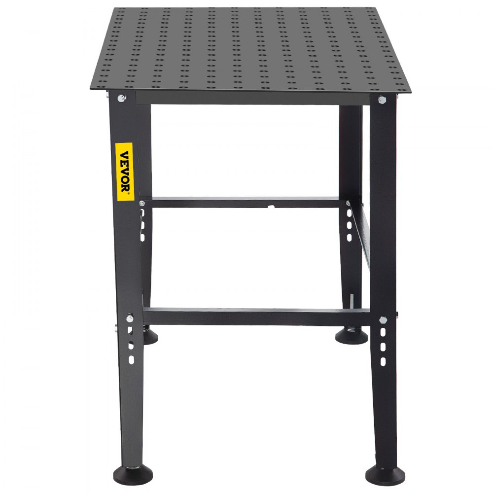 black VEVOR welding table with perforated top and sturdy steel legs.