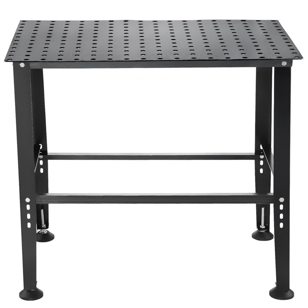 black VEVOR welding table with perforated surface and adjustable legs.