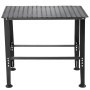 black VEVOR welding table with perforated surface and adjustable legs.