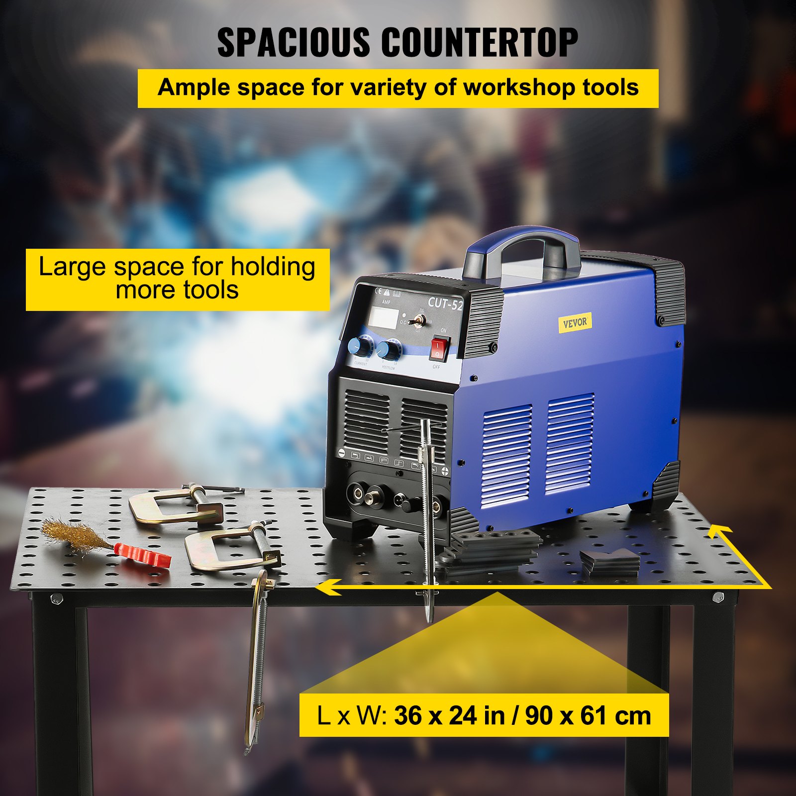 VEVOR welding table with ample space for tools, featuring a cut-52 machine, 36x24 in.