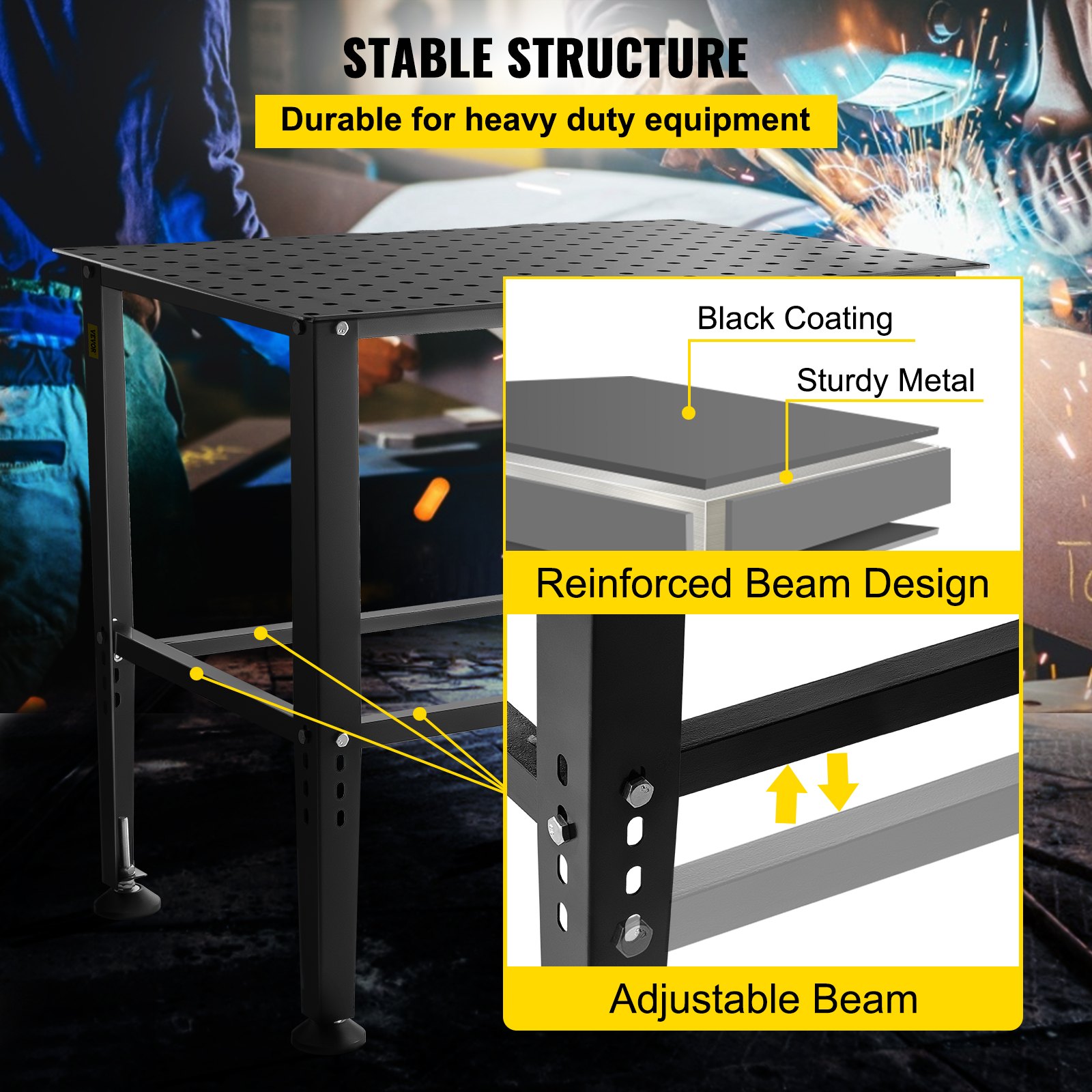 VEVOR welding table with reinforced beam and adjustable legs, built for heavy-duty use.
