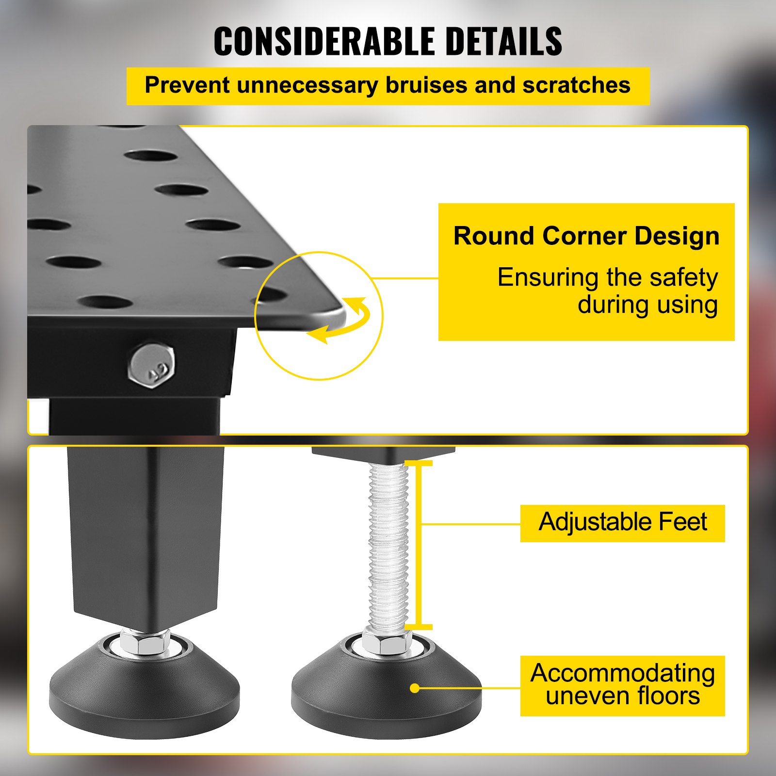 VEVOR welding table with round corner design and adjustable feet for uneven floors.