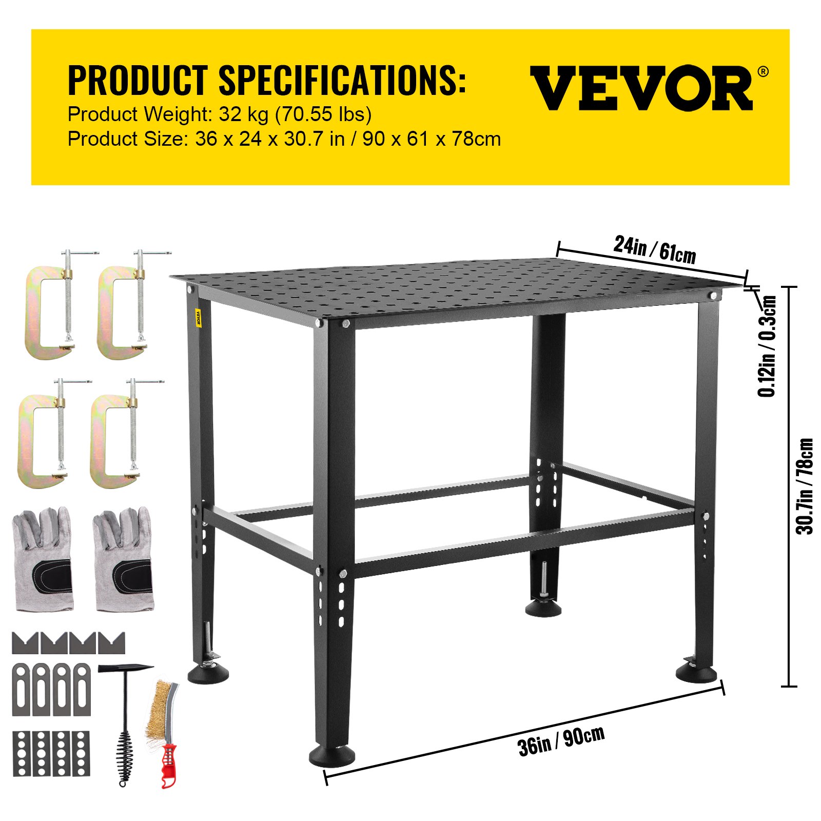 VEVOR welding table with clamps, gloves, and accessories; dimensions and weight shown.
