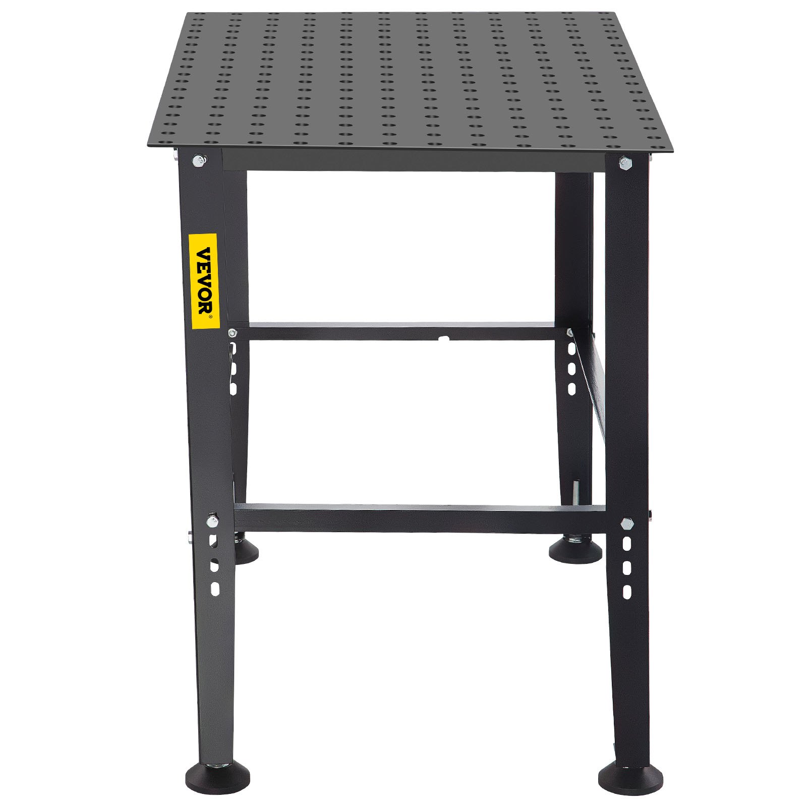 black VEVOR welding table with perforated top and sturdy steel legs.