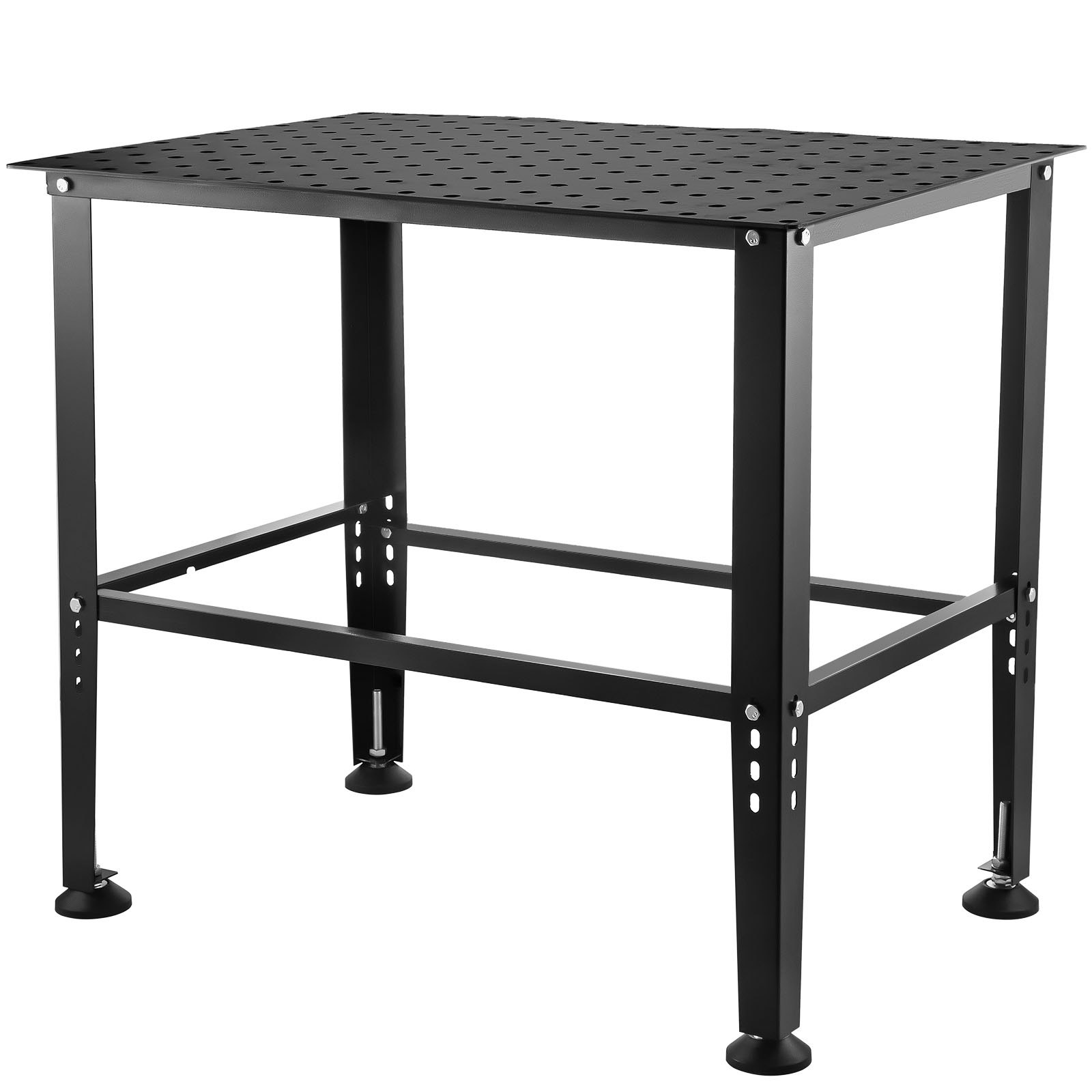 black VEVOR welding table with perforated steel top and adjustable legs, sturdy frame.
