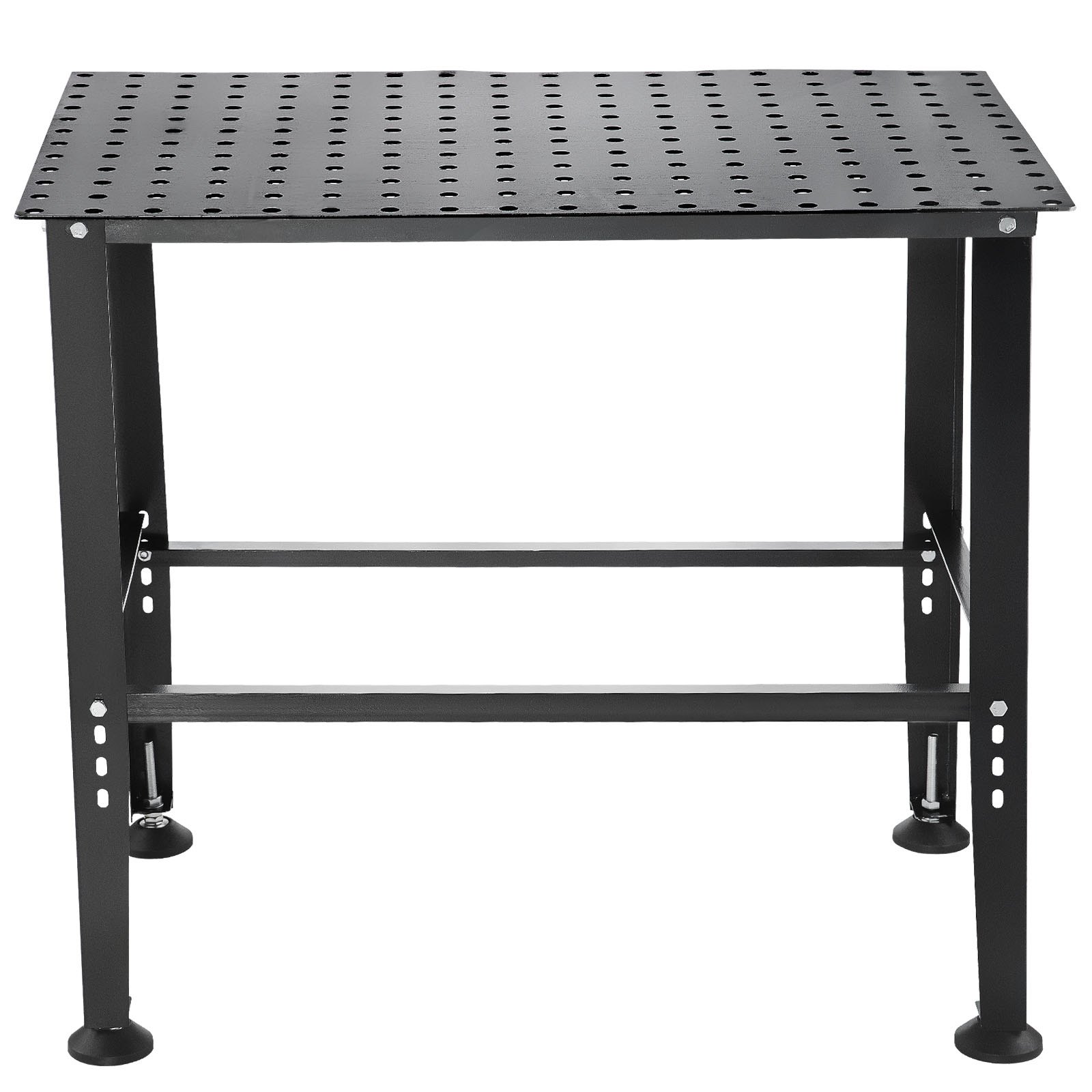 black VEVOR welding table with perforated surface and adjustable legs.