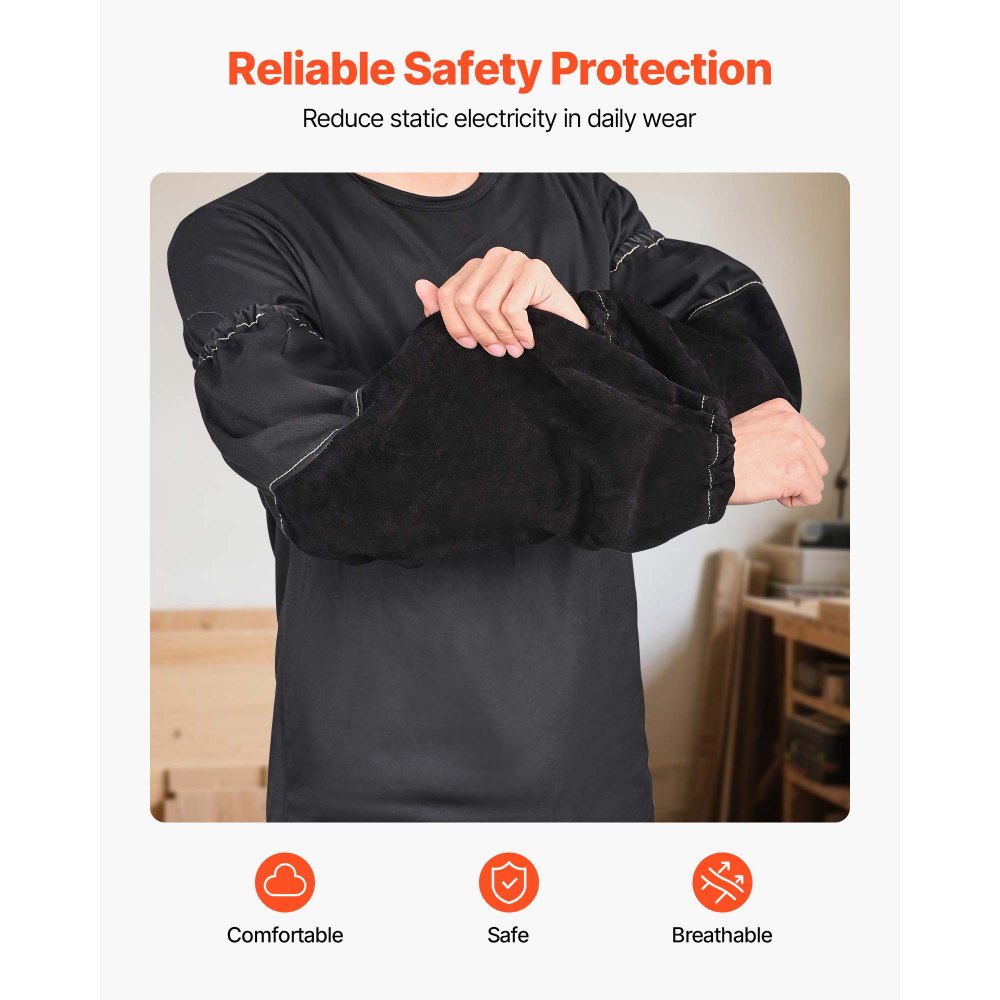 VEVOR Flame Resistant Welding Work Sleeves, Heavy Duty Cowhide Leather & FR Cotton Arm Protection Sleeves for Men Women - with Elastic Cuffs for Welding, Blacksmithing, Woodworking