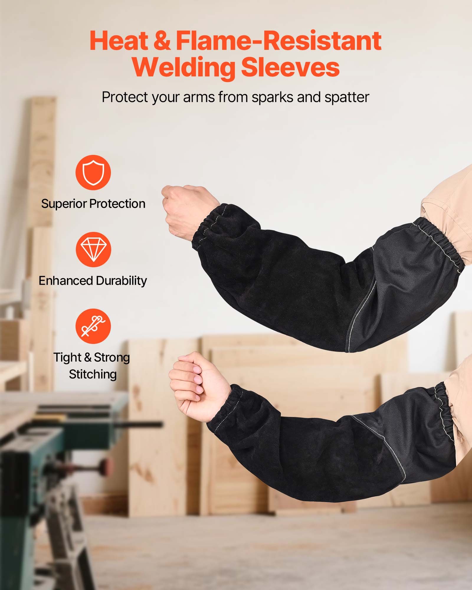 VEVOR Flame Resistant Welding Work Sleeves, Heavy Duty Cowhide Leather & FR Cotton Arm Protection Sleeves for Men Women - with Elastic Cuffs for Welding, Blacksmithing, Woodworking