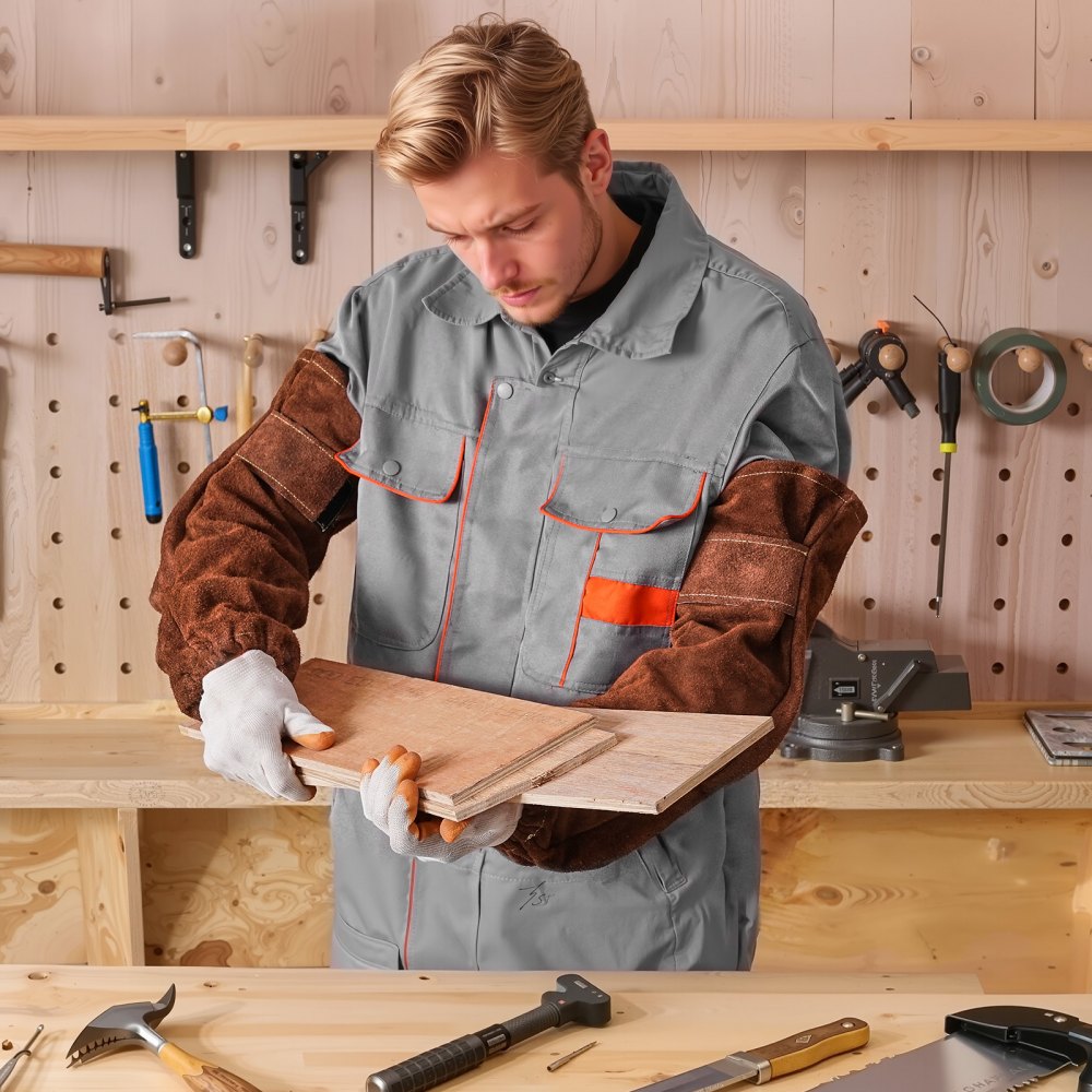 VEVOR Leather Welding Sleeves, Heavy Duty Cowhide Flame Resistant Work Sleeves for Arm Protection, Heat-Resistant Safety Sleeve for Welding, Blacksmithing, Woodworking, Gardening