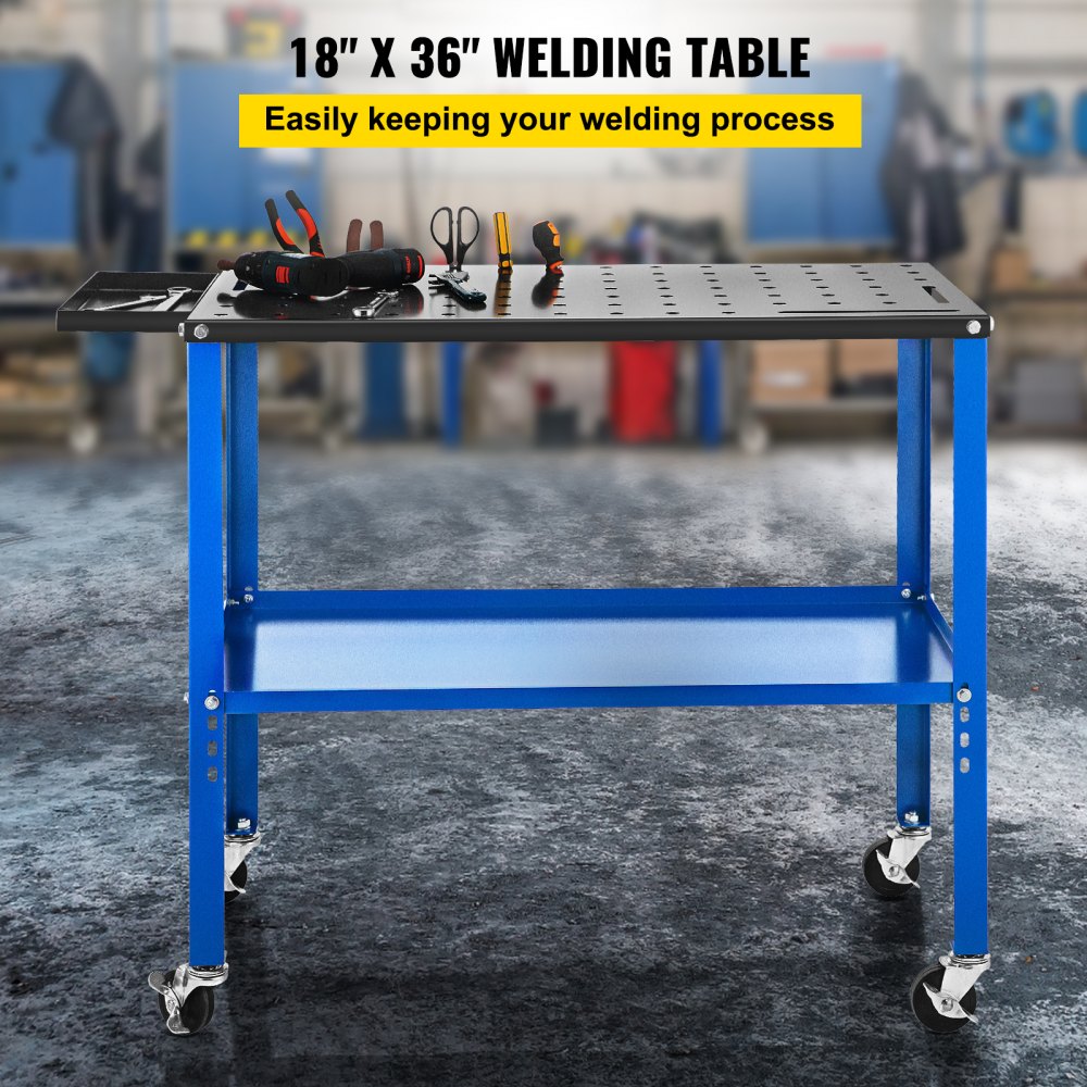 VEVOR Portable Welding Table, 18\" x 36\" Spacious Table Top and 0.11\" Thick Welding Workbench with 1200lb Load Capacity, Adjustable Fabrication Table Wheel for Easy Moving, Extra Middle Shelf for St