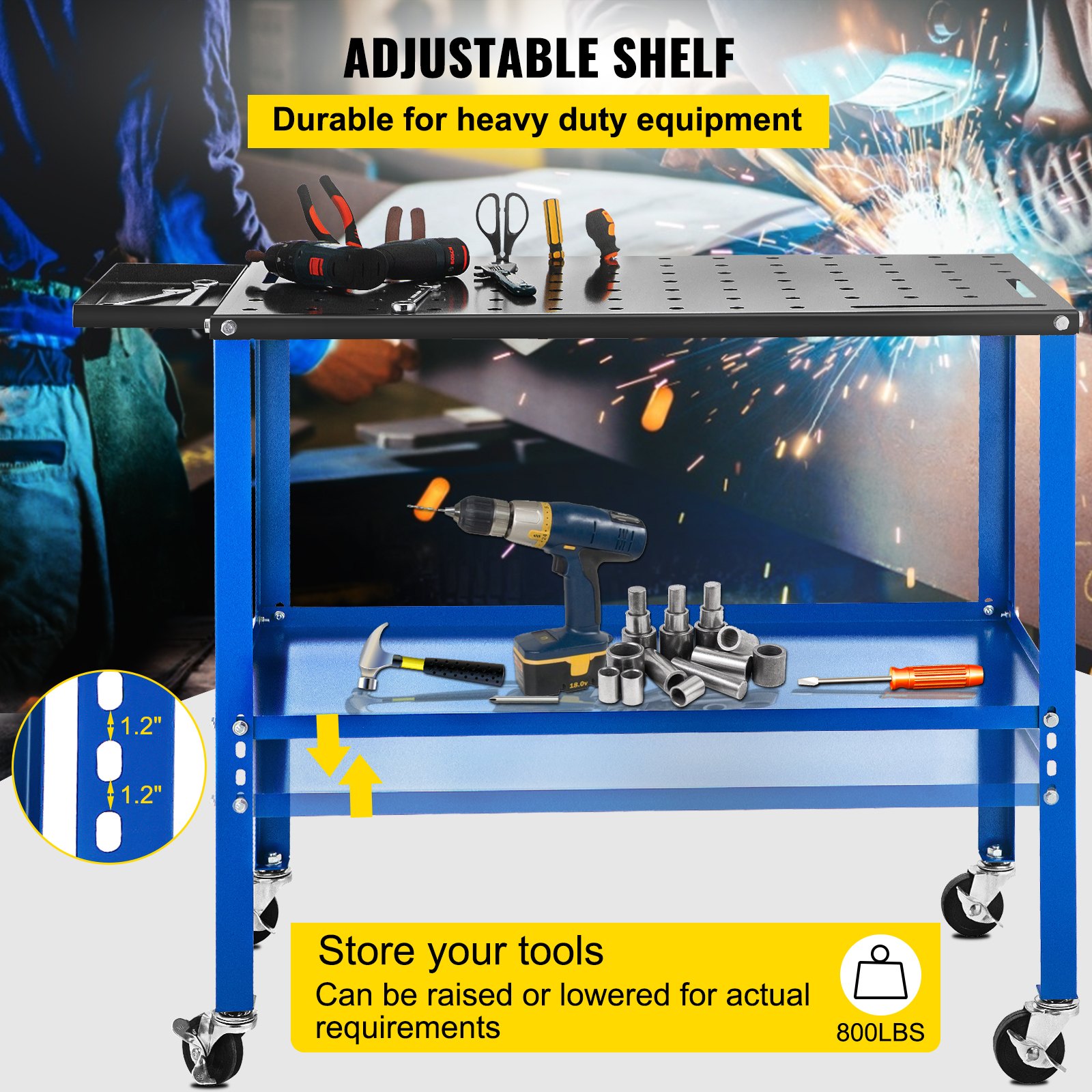 VEVOR Portable Welding Table, 18\" x 36\" Spacious Table Top and 0.11\" Thick Welding Workbench with 1200lb Load Capacity, Adjustable Fabrication Table Wheel for Easy Moving, Extra Middle Shelf for St