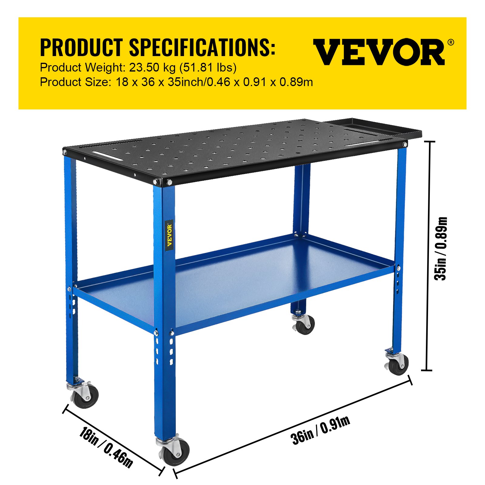 VEVOR Portable Welding Table, 18\" x 36\" Spacious Table Top and 0.11\" Thick Welding Workbench with 1200lb Load Capacity, Adjustable Fabrication Table Wheel for Easy Moving, Extra Middle Shelf for St
