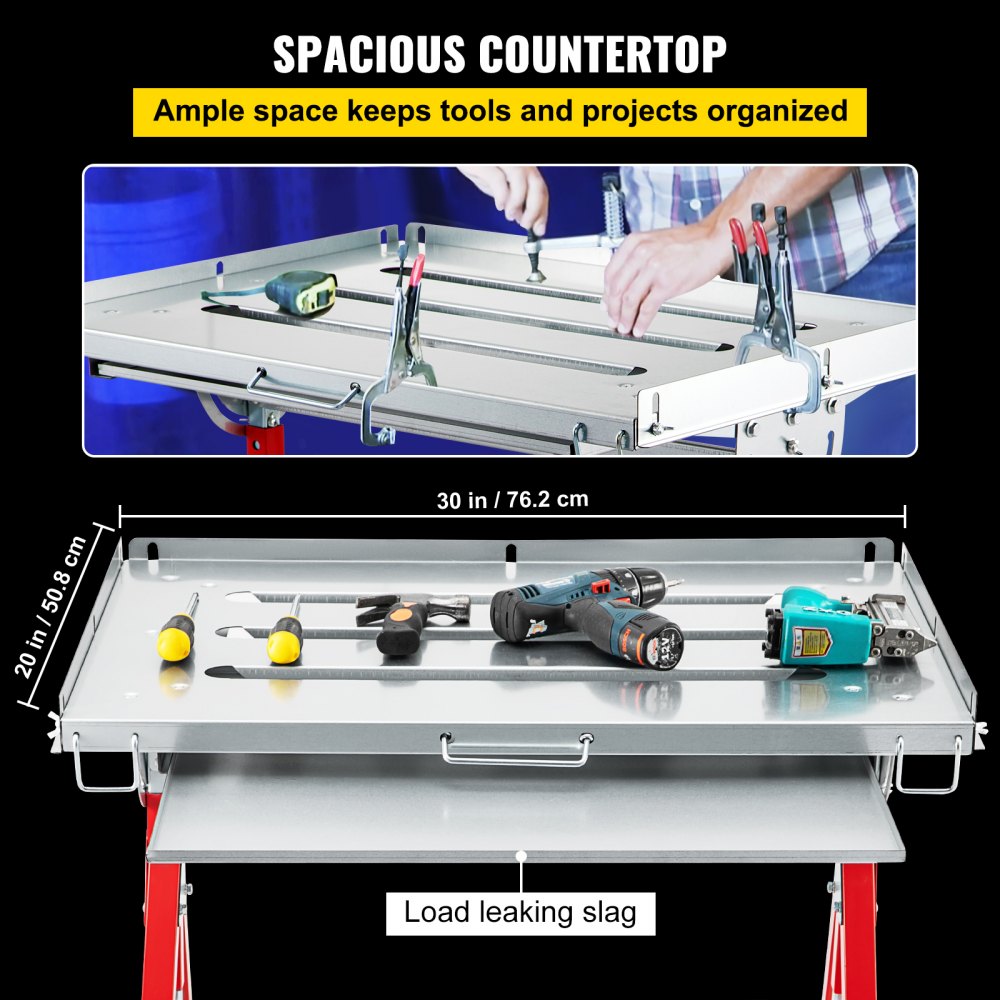 VEVOR Welding Table, 30" x 20", Steel Industrial Workbench w/ 400lbs Load Capacity, Adjustable Angle & Height, Casters, Retractable Guide Rails, Three 1.6" Slots Folding Work Bench
