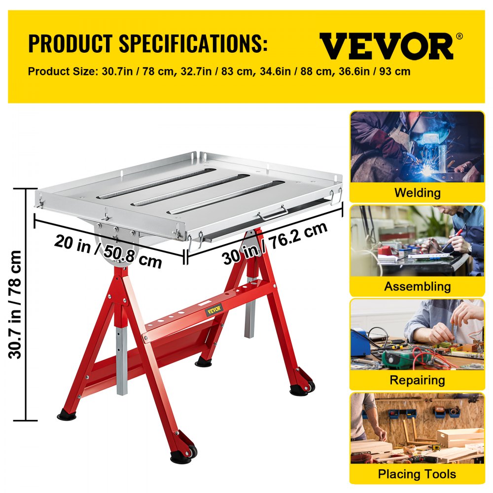 VEVOR Welding Table, 30" x 20", Steel Industrial Workbench w/ 400lbs Load Capacity, Adjustable Angle & Height, Casters, Retractable Guide Rails, Three 1.6" Slots Folding Work Bench