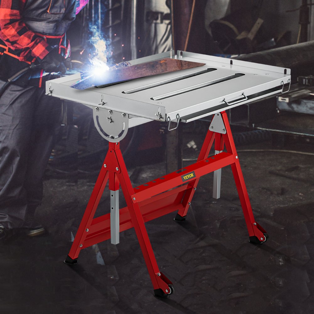 VEVOR Welding Table, 31" x 23", Steel Industrial Workbench w/ 400lbs Load Capacity, Adjustable Angle & Height, Casters, Retractable Guide Rails, Three 1.6" Slots Folding Work Bench