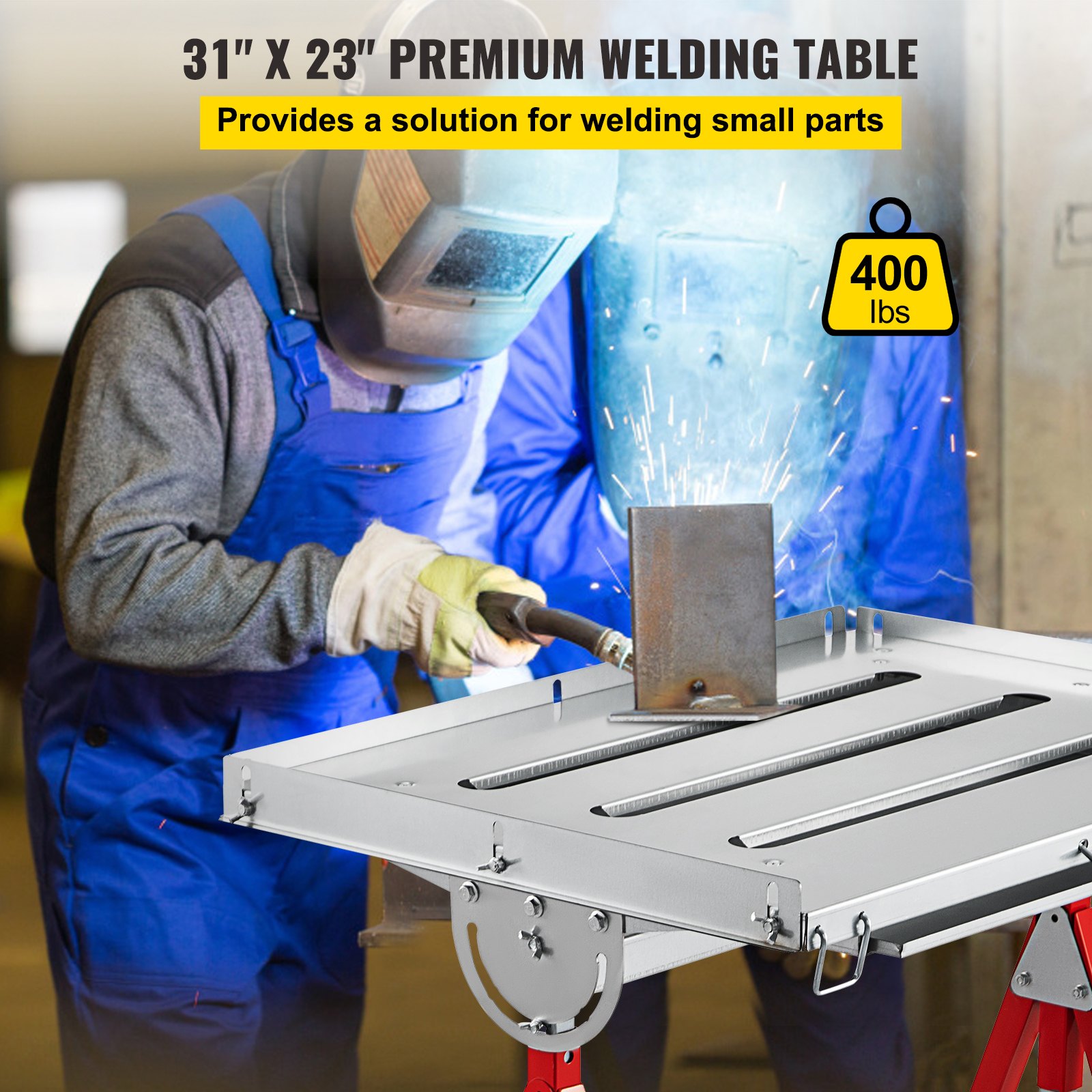 VEVOR Welding Table, 31" x 23", Steel Industrial Workbench w/ 400lbs Load Capacity, Adjustable Angle & Height, Casters, Retractable Guide Rails, Three 1.6" Slots Folding Work Bench