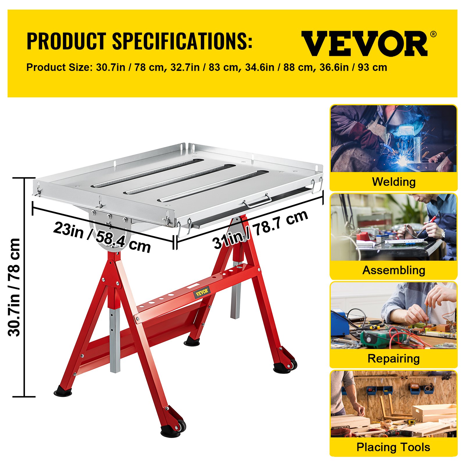 VEVOR Welding Table, 31" x 23", Steel Industrial Workbench w/ 400lbs Load Capacity, Adjustable Angle & Height, Casters, Retractable Guide Rails, Three 1.6" Slots Folding Work Bench