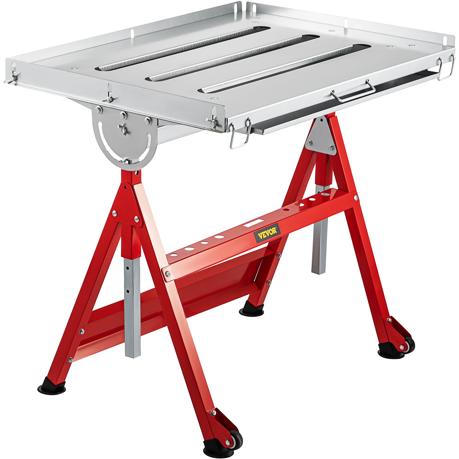 VEVOR Welding Table, 31" x 23", Steel Industrial Workbench w/ 400lbs Load Capacity, Adjustable Angle & Height, Casters, Retractable Guide Rails, Three 1.6" Slots Folding Work Bench