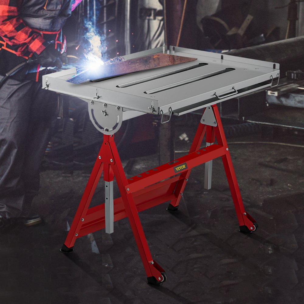 VEVOR Welding Table, 36" x 24", Steel Industrial Workbench w/ 400lbs Load Capacity, Adjustable Angle & Height, Casters, Retractable Guide Rails, Three 1.6" Slots Folding Work Bench