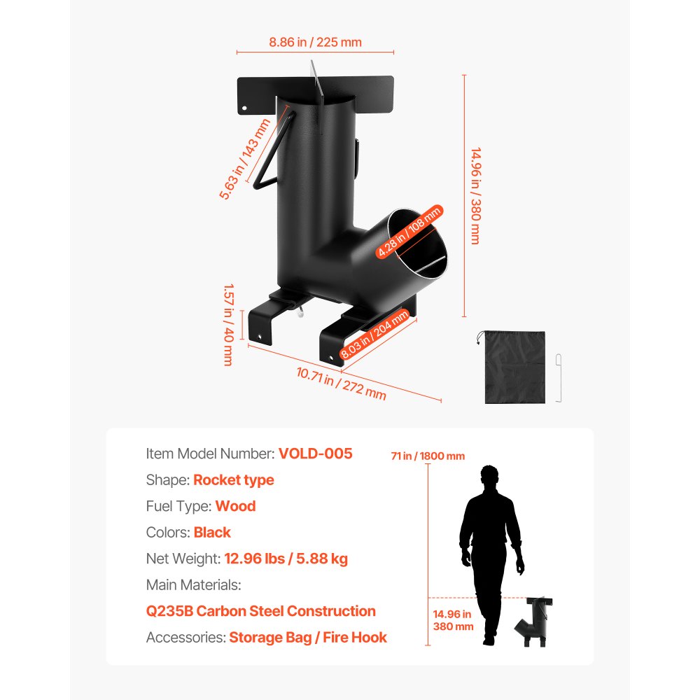 VEVOR Camping Rocket Stove, Wood Burning Portable Rocket Stove with Carrying Bag for Backpacking, Carbon Steel, Burn Wood, Twigs or Sticks for Outdoor Cooking, Backyard, Camp Cooking, Heating, Black