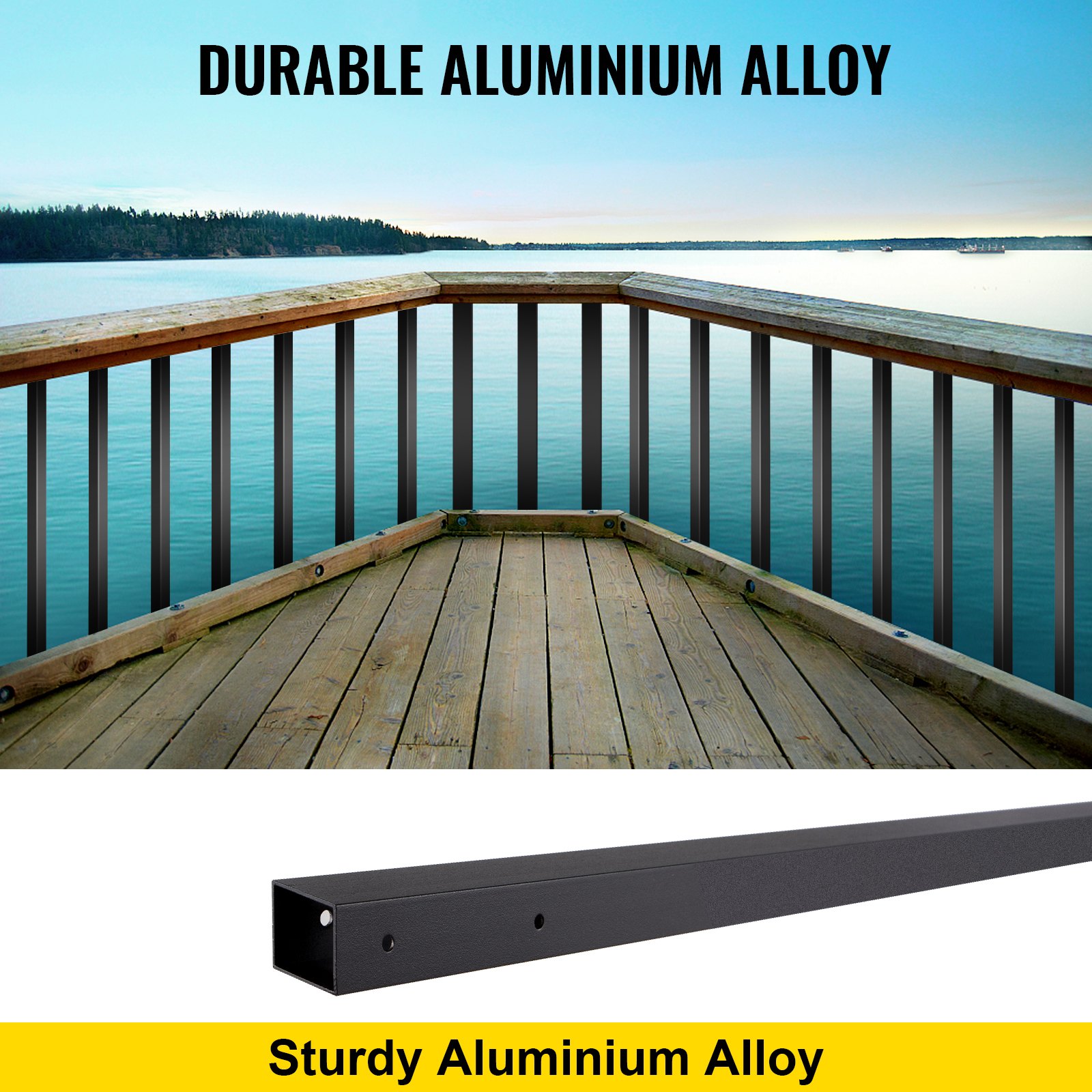 VEVOR deck balusters made from durable aluminium alloy on a wooden deck overlooking water.