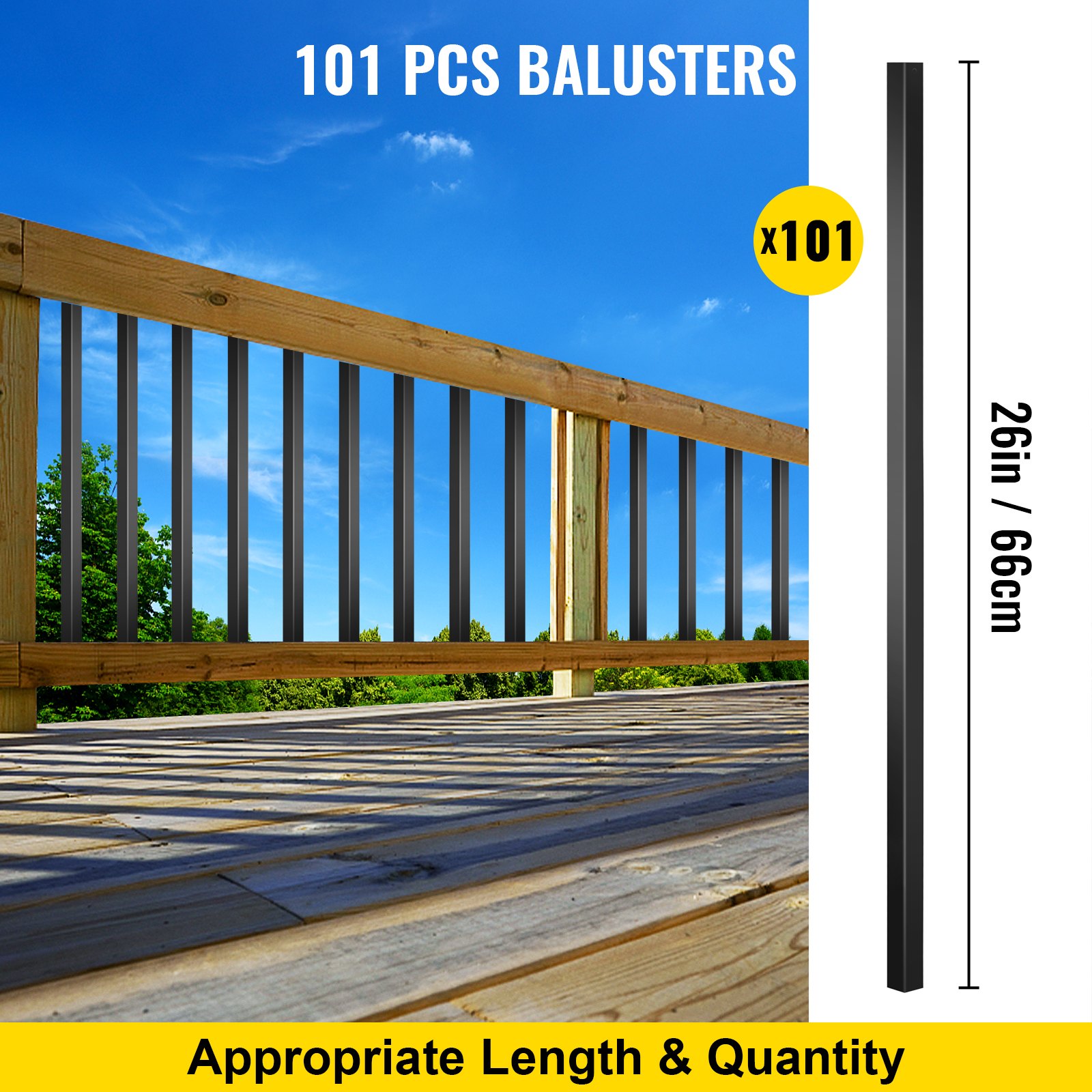 VEVOR deck balusters: 101 pcs, 26in height, wooden railing, blue sky background.