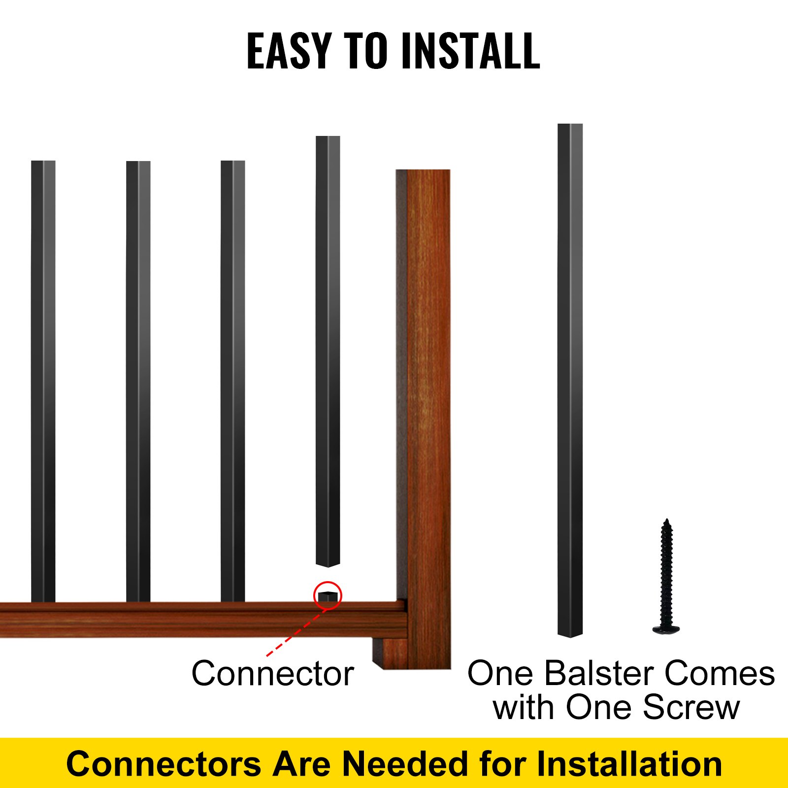 VEVOR deck balusters installation guide showing connectors and screws needed.