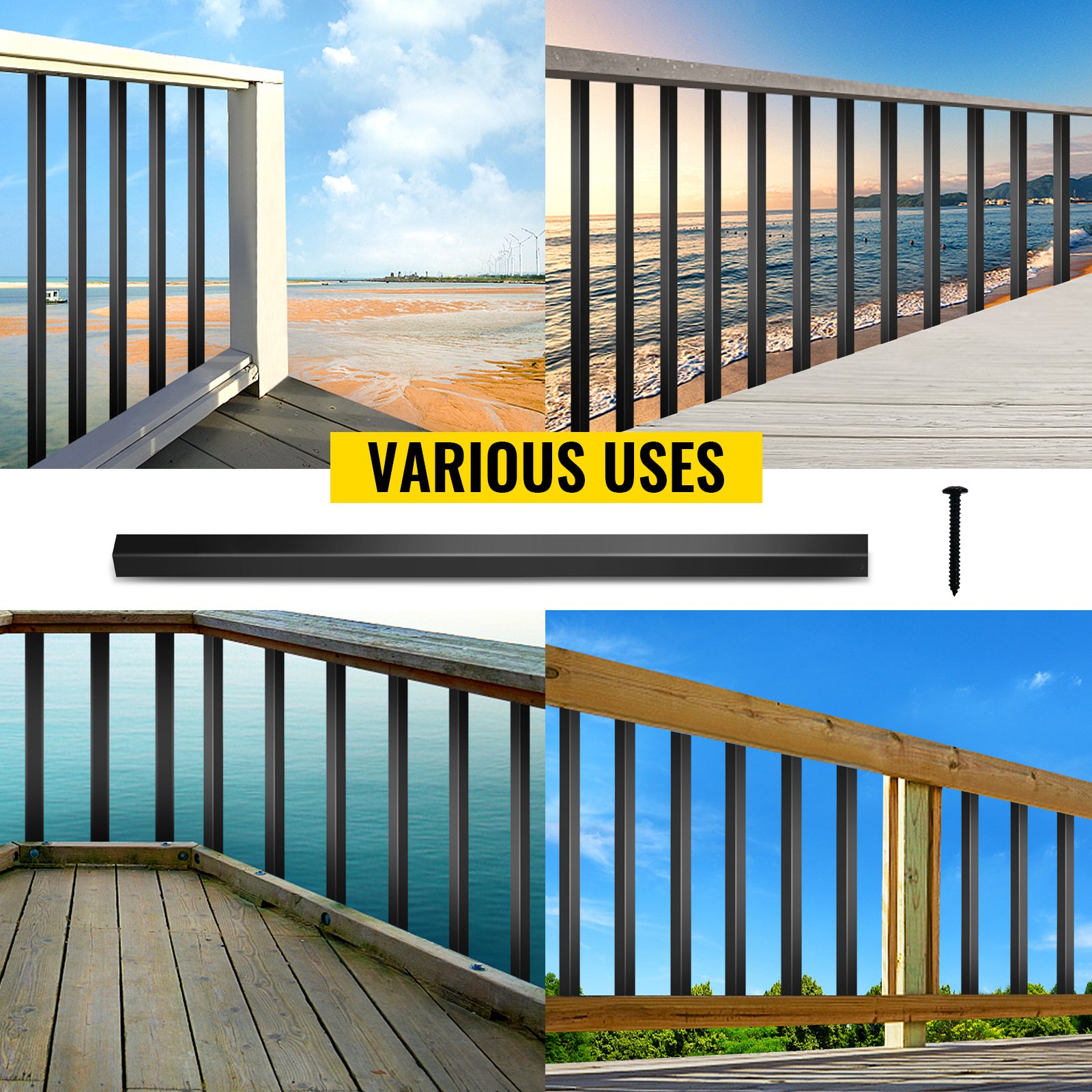 VEVOR deck balusters in various outdoor settings with ocean views and wooden decks.