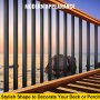 VEVOR deck balusters with ocean view at sunset, black vertical design enhances railing.