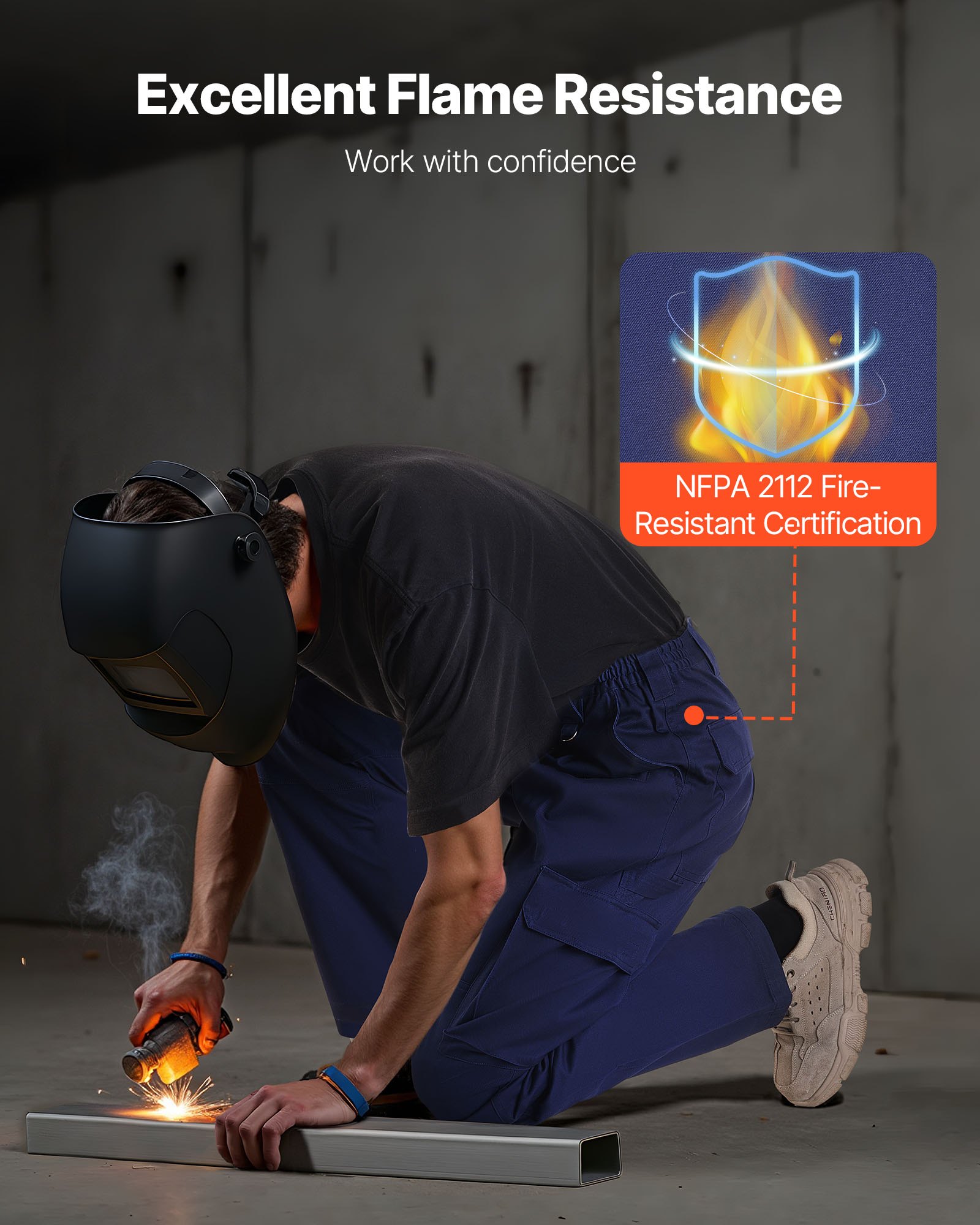 VEVOR FR Pants for Men, 100% Cotton, Flame-Resistant Cargo Pants with Multi-Pockets and Elastic Waist, Reinforced Tear-proof Stitching, Ideal for Welding Work and Casual Wear, L Size, Dark Blue