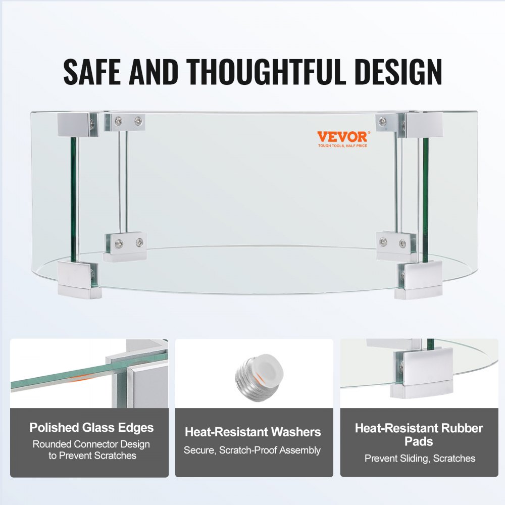 VEVOR fire pit wind guard with polished glass edges, heat-resistant washers, and rubber pads for safety.