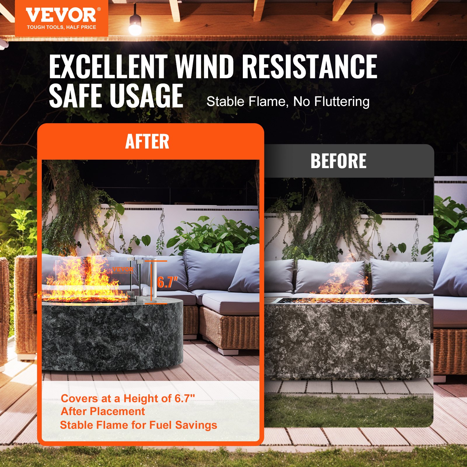 VEVOR fire pit wind guard ensuring stable flame and fuel savings with 6.7&quot; height coverage in outdoor setting.
