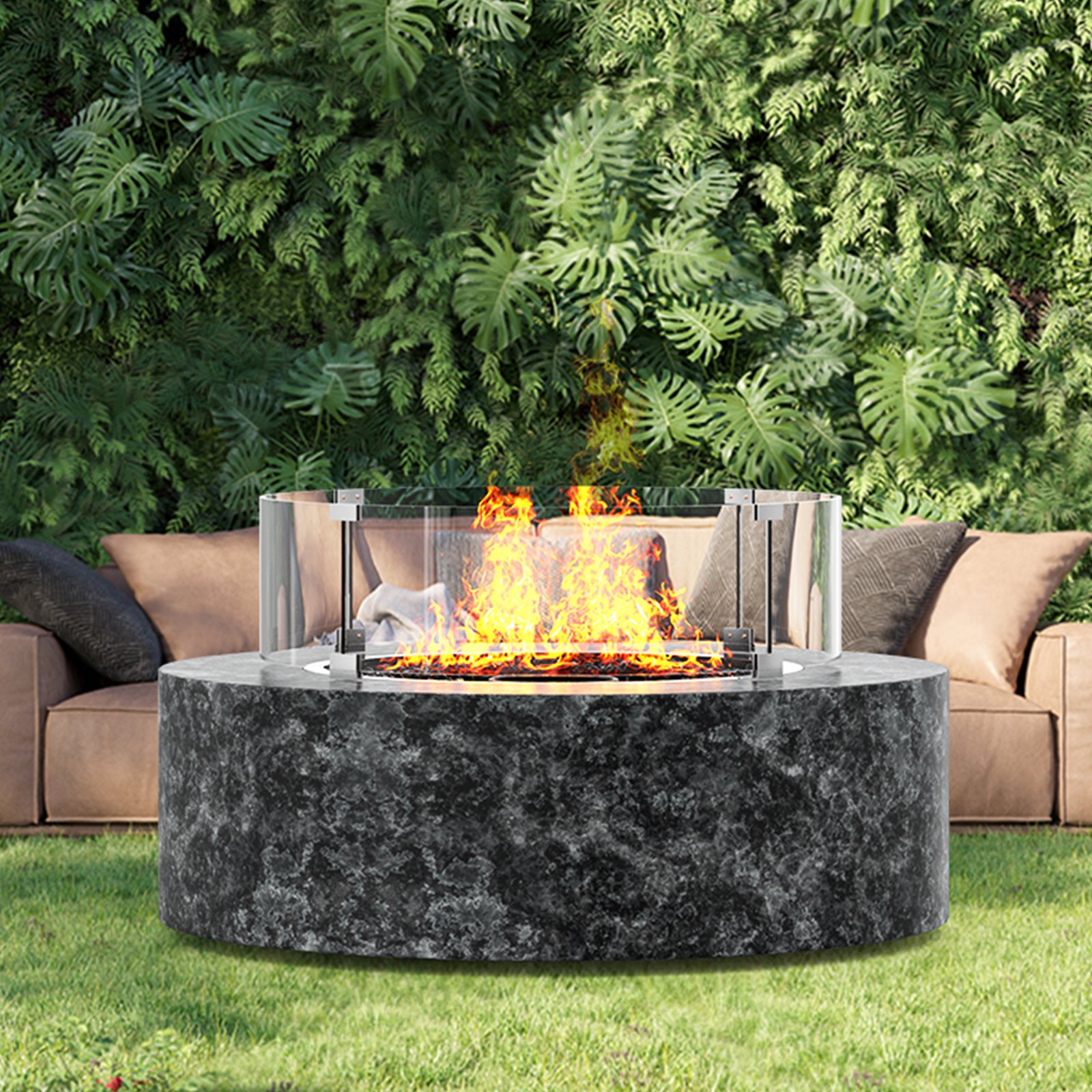 VEVOR fire pit wind guard on a round stone fire pit, with lush green foliage and outdoor seating.