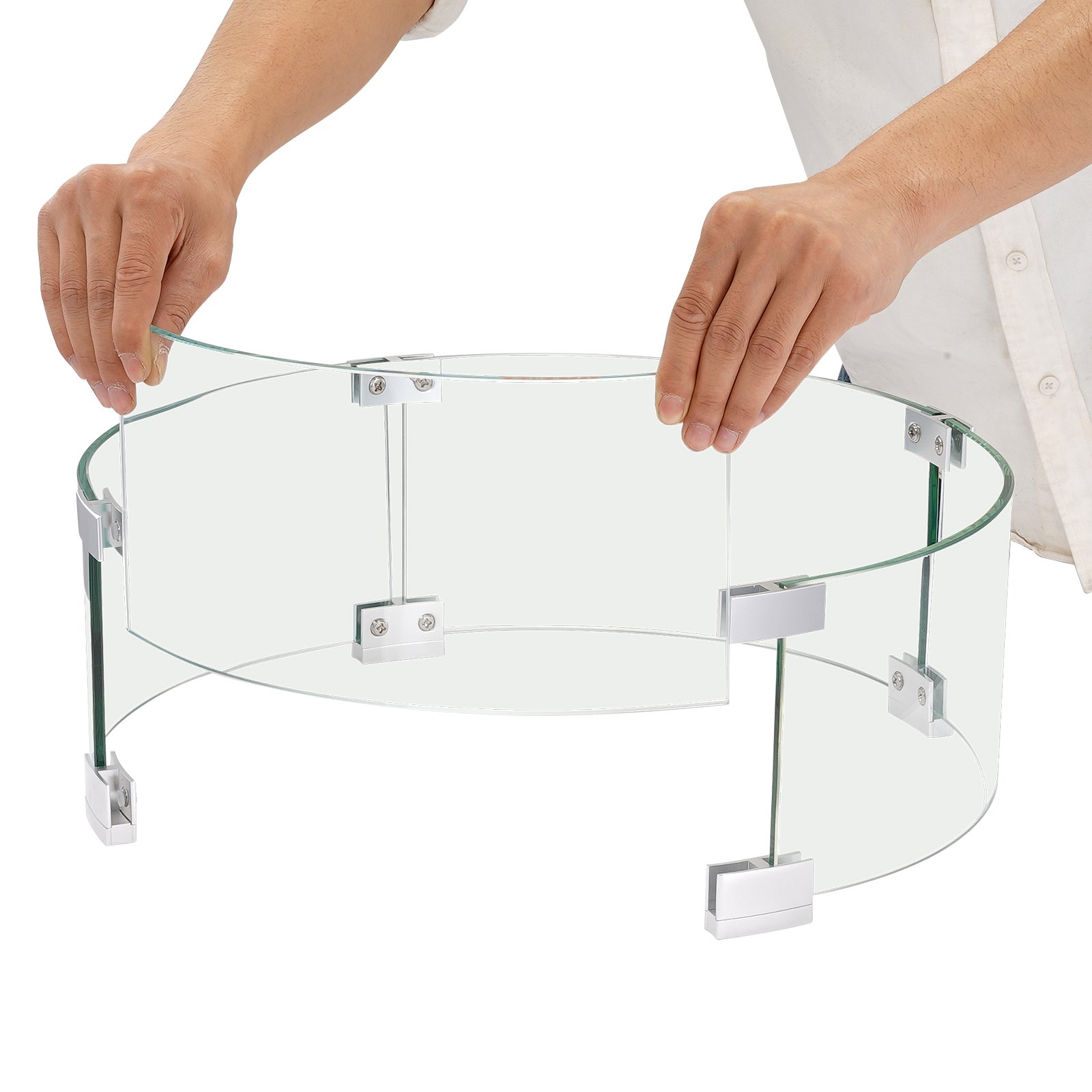 assembling VEVOR fire pit wind guard with curved glass panels and silver brackets.