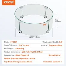 VEVOR Fire Pit Wind Guard, 29 x 8 inch Round Glass Flame Shield, 0.24-Inch Thick Fire Table Accessory, Clear Tempered Glass Flame Guard for Propane, Gas, Outdoor, Patio, Backyard