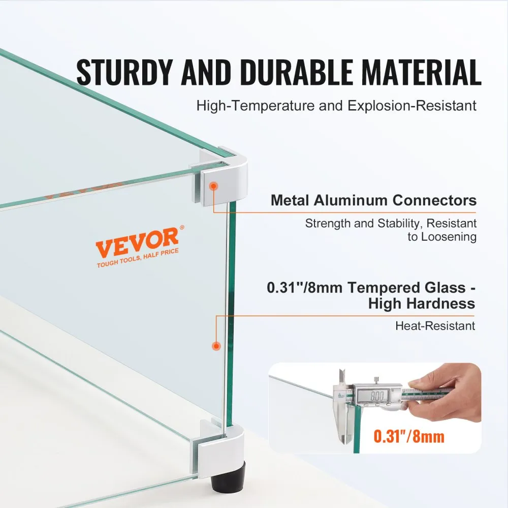VEVOR glass wind guard with metal aluminum connectors and 0.31&quot;/8mm tempered glass; sturdy and durable.