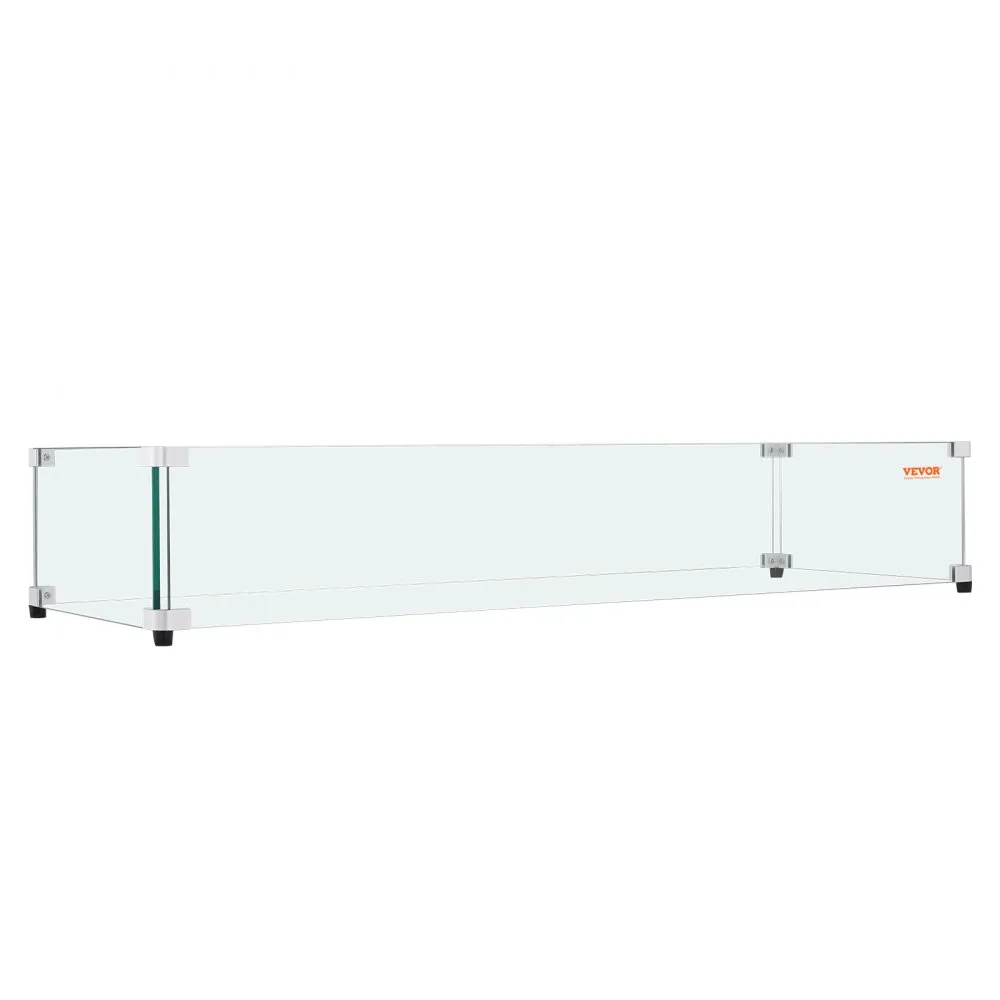 VEVOR glass wind guard with metal connectors, clear glass panels, and protective rubber feet.