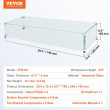 Skleněná ochrana proti větru VEVOR pro obdélníkový krbový stůl 748 x 340 x 165 mm, 8 mm silný a pevný panel z tvrzeného skla s rohovým držákem z tvrdého hliníku a gumovými nožičkami, snadná montáž