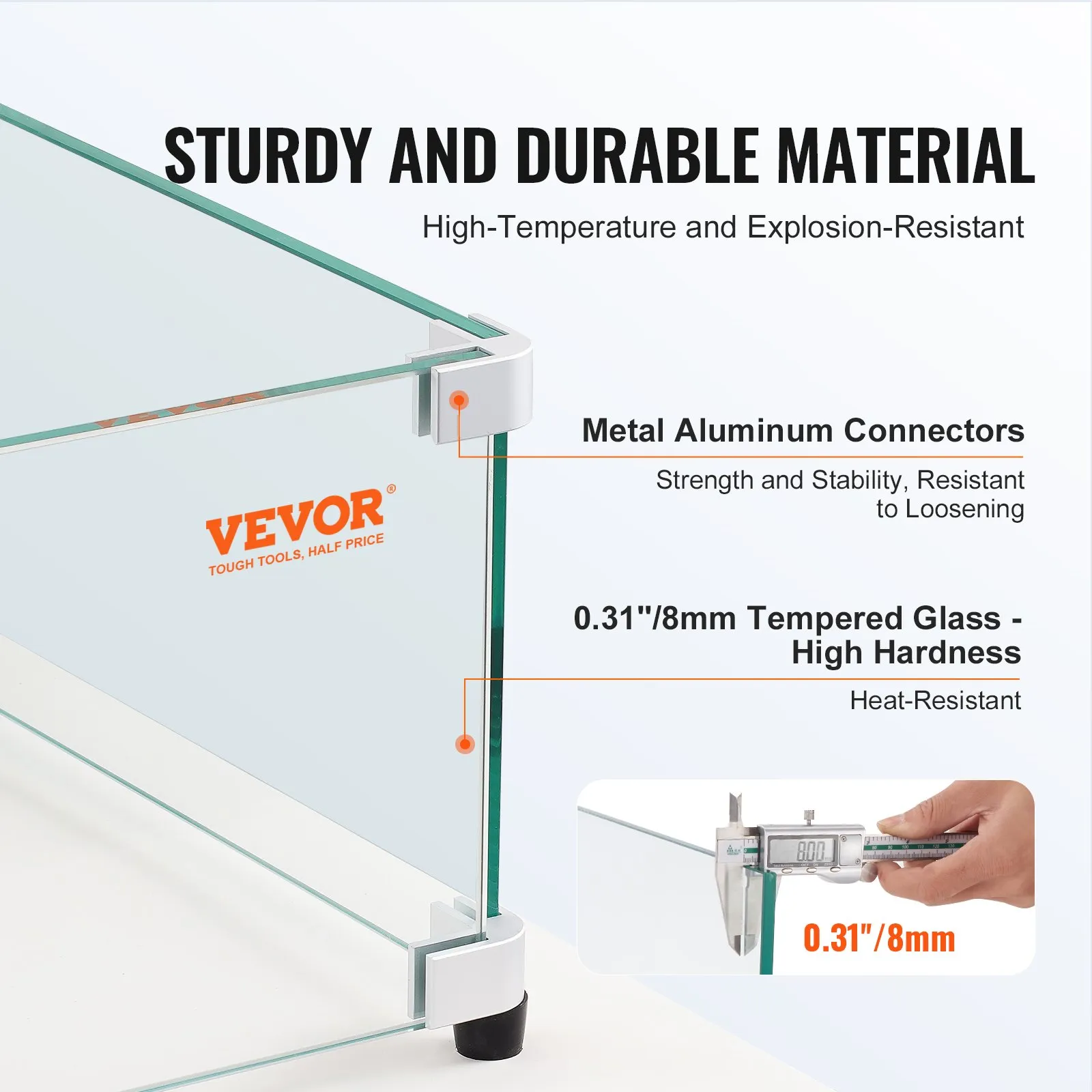 VEVOR glass wind guard with metal aluminum connectors and 0.31&quot;/8mm tempered glass; sturdy and durable.
