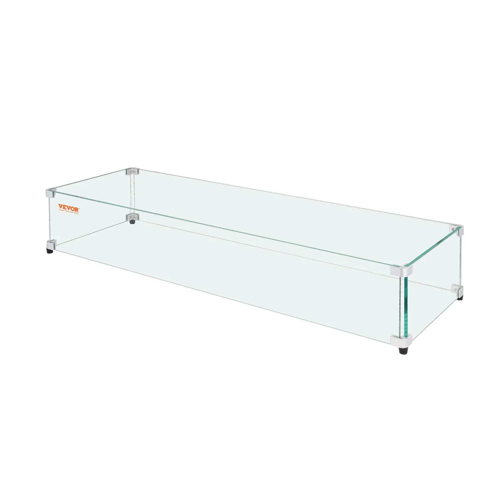 VEVOR glass wind guard with clear panels and metal brackets for outdoor fire pits and tables.