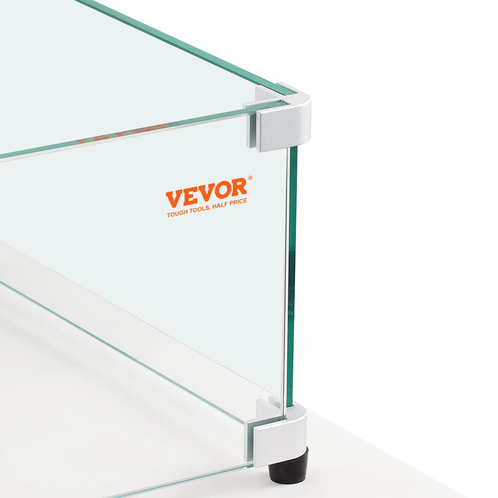VEVOR glass wind guard with clear glass panels and sturdy white corner brackets.