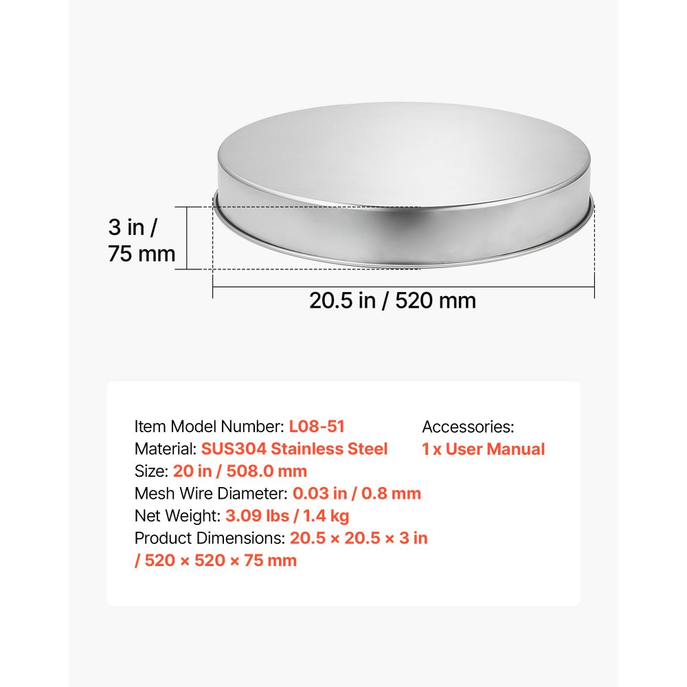 VEVOR Fire Pit Cover, 50.8 cm Bonfire Cover Lid, Premium 304 Stainless Steel, for Outdoor, Patio, Backyard, Camping, Party, High Temperature Tolerant, Help Contain Ash, Versatile Tabletop Accessory